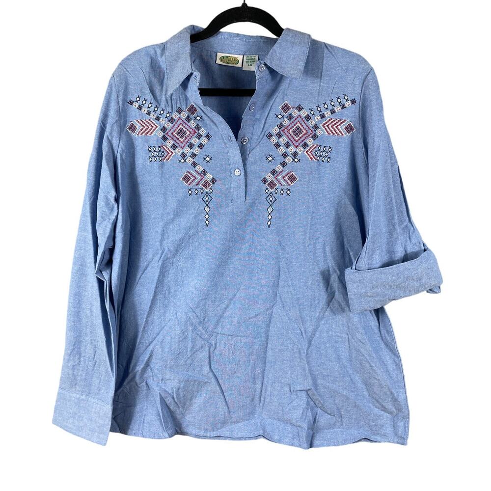 Collections Etc Women's Embroidered Blue Popver Top Size L